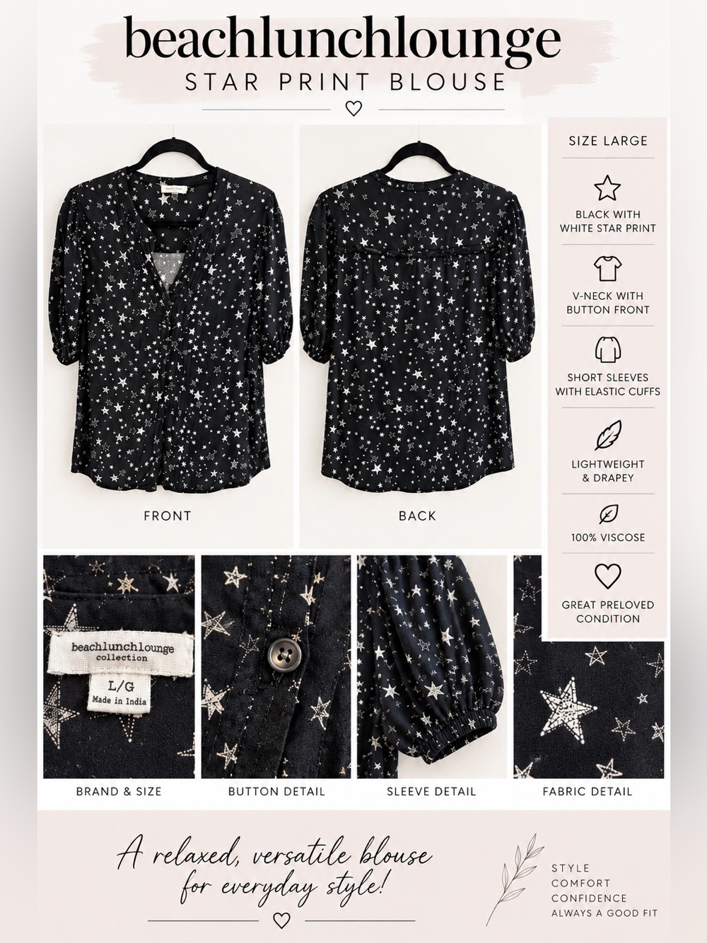 BeachLunchLounge Star Print Blouse Large Black/White V Neck Puff Sleeve